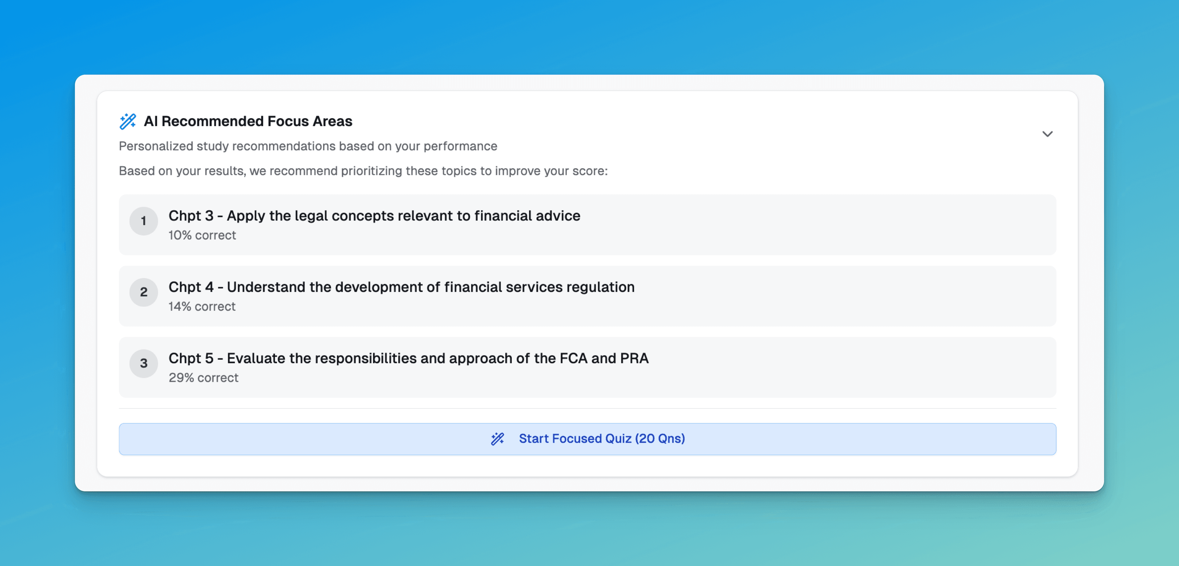 AI recommended focus areas for CeMAP on ExamDen